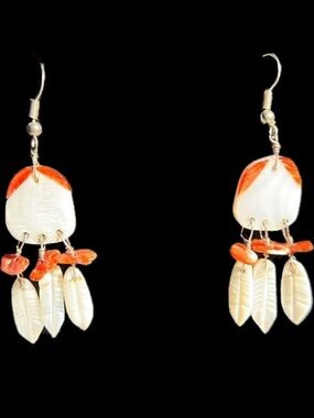Coral Feathers White Carved Shell Iridescent Beach Southwestern Carnelian Dangle